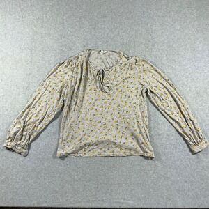 Lucky Brand Womens Medium Grey Yellow Floral Long Sleeve Peasant Top Keyhole Tie